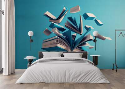 a blue open book with pages flying from it. generative ai Wall mural