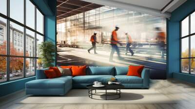 A busy construction site with many builders working. Long exposure motion blur Wall mural