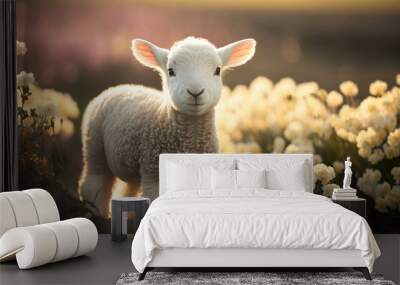 A cute baby spring lamb in a field of spring flowers. Generative ai Wall mural