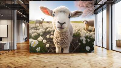 A cute baby spring lamb in a field of spring flowers. Generative ai Wall mural