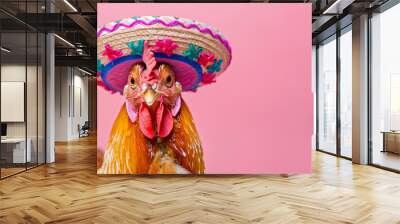 a cute chicken cockrel dressed in mexican sombrero hat and clothing studio shot Wall mural