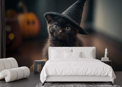 A cute halloween witches black cat wearing a witch hat. Generative ai Wall mural