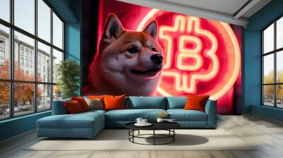 A cute Shiba Inu portrait against a neon bitcoin crypto sign background Wall mural