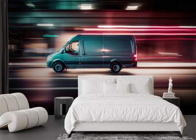 A delivery van with glowing lights and fast motion blur. Generative ai Wall mural