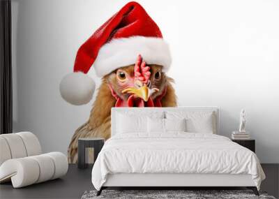 A festive christmas chicken wearing a father christmas santa hat Wall mural