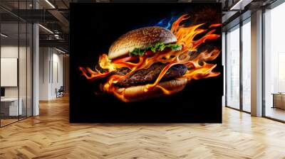 A flaming beef burger in a bun flying on a dark background. Generative ai Wall mural