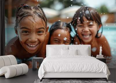 A group of happy smiling children having fun splashing in the swimming pool on a sunny day Wall mural