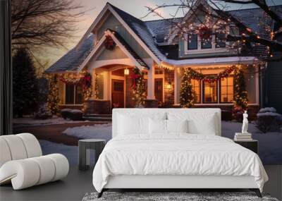 A house covered with christmas lights and festive decorations for the holiday season Wall mural