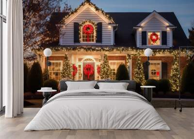 A house covered with christmas lights and festive decorations for the holiday season Wall mural