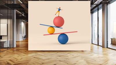 A male character balancing on unstable shapes. 3D Rendering Wall mural