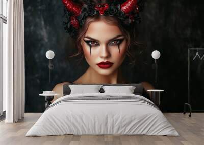 A portrait of a woman dressed up as a sexy halloween devil Wall mural