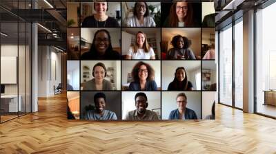 A team of people on an online conference call. Grid of webcam faces Wall mural