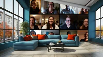 A team of people on an online conference call. Grid of webcam faces Wall mural