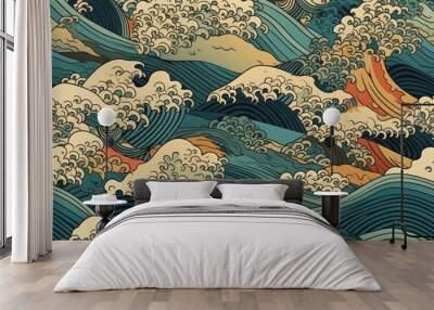 A vintage style japanese crashing wave background. Seamless pattern. Generative ai Wall mural