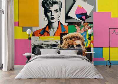 Abstract 1980s trendy collage design with female portrait. Generative ai Wall mural