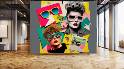 Abstract 1980s trendy collage design with female portrait. Generative ai Wall mural