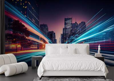 abstract long exposure dynamic speed light trails in an urban environment. Generative ai Wall mural