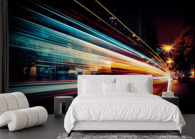 abstract long exposure dynamic speed light trails in an urban environment. Generative ai Wall mural