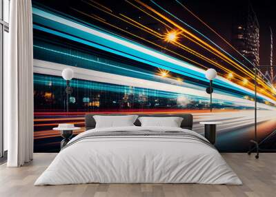 abstract long exposure dynamic speed light trails in an urban environment. Generative ai Wall mural