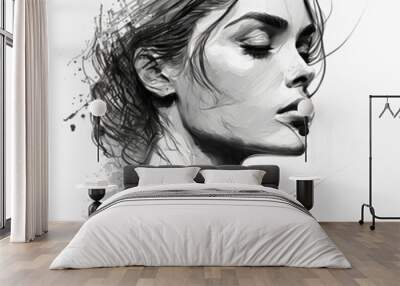 Abstract modern art abstract drawing portrait of young woman. Generative ai Wall mural