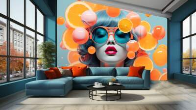 Abstract modern art collage portrait of a trendy young woman with colourful circle design Wall mural