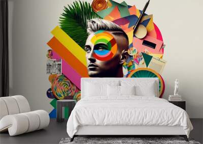 Abstract modern art collage portrait of young man. Trendy paper collage composition. Generative ai Wall mural