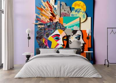 Abstract modern art collage portrait of young woman. Trendy paper collage composition. Generative ai Wall mural