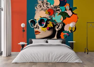 Abstract modern art collage portrait of young woman. Trendy paper collage composition. Generative ai Wall mural