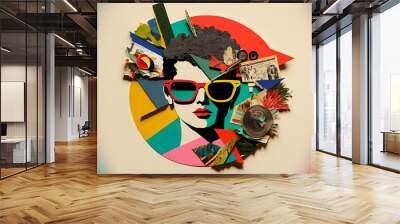 Abstract modern art collage portrait of young woman. Trendy paper collage composition. Generative ai Wall mural