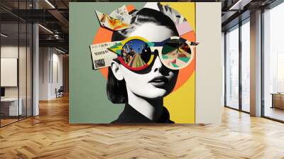 Abstract modern art collage portrait of young woman. Trendy paper collage composition. Generative ai Wall mural