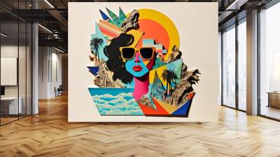 Abstract modern art collage portrait of young woman. Trendy paper collage composition. Generative ai Wall mural