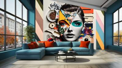 Abstract modern art collage portrait of young woman. Trendy paper collage composition. Generative ai Wall mural