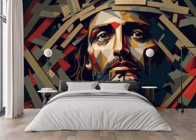 Abstract portrait of Jesus Christ wearing a crown of thorns. Generative ai Wall mural