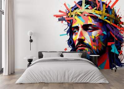 Abstract portrait of Jesus Christ wearing a crown of thorns. Generative ai Wall mural