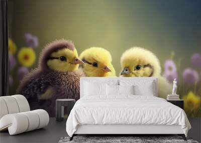 Adorable baby chick in a spring meadow. Generative ai Wall mural