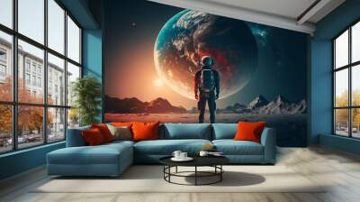 An Astronaut standing on the moon looking at a large earth like planet. Generative ai Wall mural