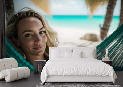 An attractive young woman relaxing in a hammock on a tropical beach holiday. Generative ai Wall mural