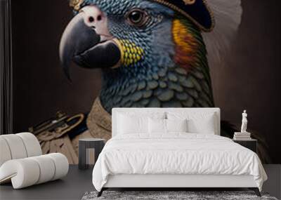 An exotic parrot wearing a traditional military uniform. Pet portrait in clothing. Generative ai Wall mural