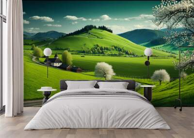 Beautiful spring landscape scene with rolling green hills. Generative ai Wall mural