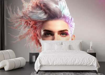 Beautiful woman with modern multi coloured hairstyle. model pose with funky hair. Generative ai Wall mural