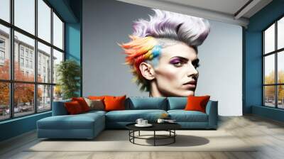 Beautiful woman with modern multi coloured hairstyle. model pose with funky hair. Generative ai Wall mural