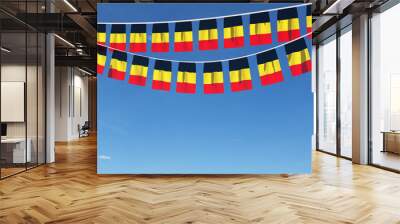 Belgium flag festive bunting hanging against a blue sky. 3D Render Wall mural