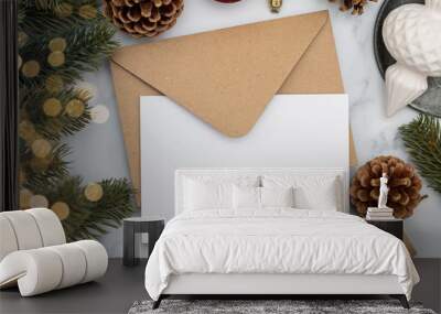 Blank white christmas card composition. Fir branch, festive seasonal decorations, lay flat background template Wall mural