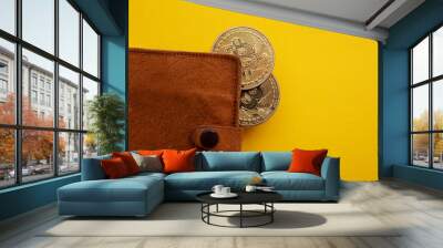 Brown leather crypto curreency wallet with a bitcoin gold coin. Digital finance concept Wall mural