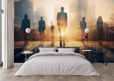 business people silhouette against a modern city skyline. Modern business team Wall mural