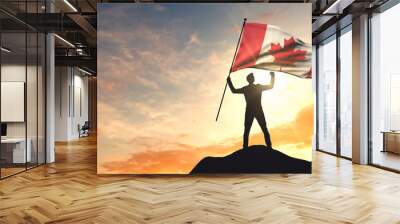 Canada flag being waved by a man celebrating success at the top of a mountain. 3D Rendering Wall mural