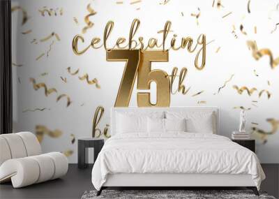 Celebrating 75th birthday gold greeting card with confetti. 3D Rendering Wall mural