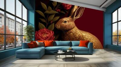 Chinese new year 2023 year of the rabbit. Gold bunny rabbit with red background. Generative ai Wall mural