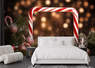 Christmas banner label. Festive candy cane frame border with Christmas lights Wall mural