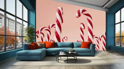 Christmas candy cane red and white festive sweet on a pink background. 3D Rendering Wall mural